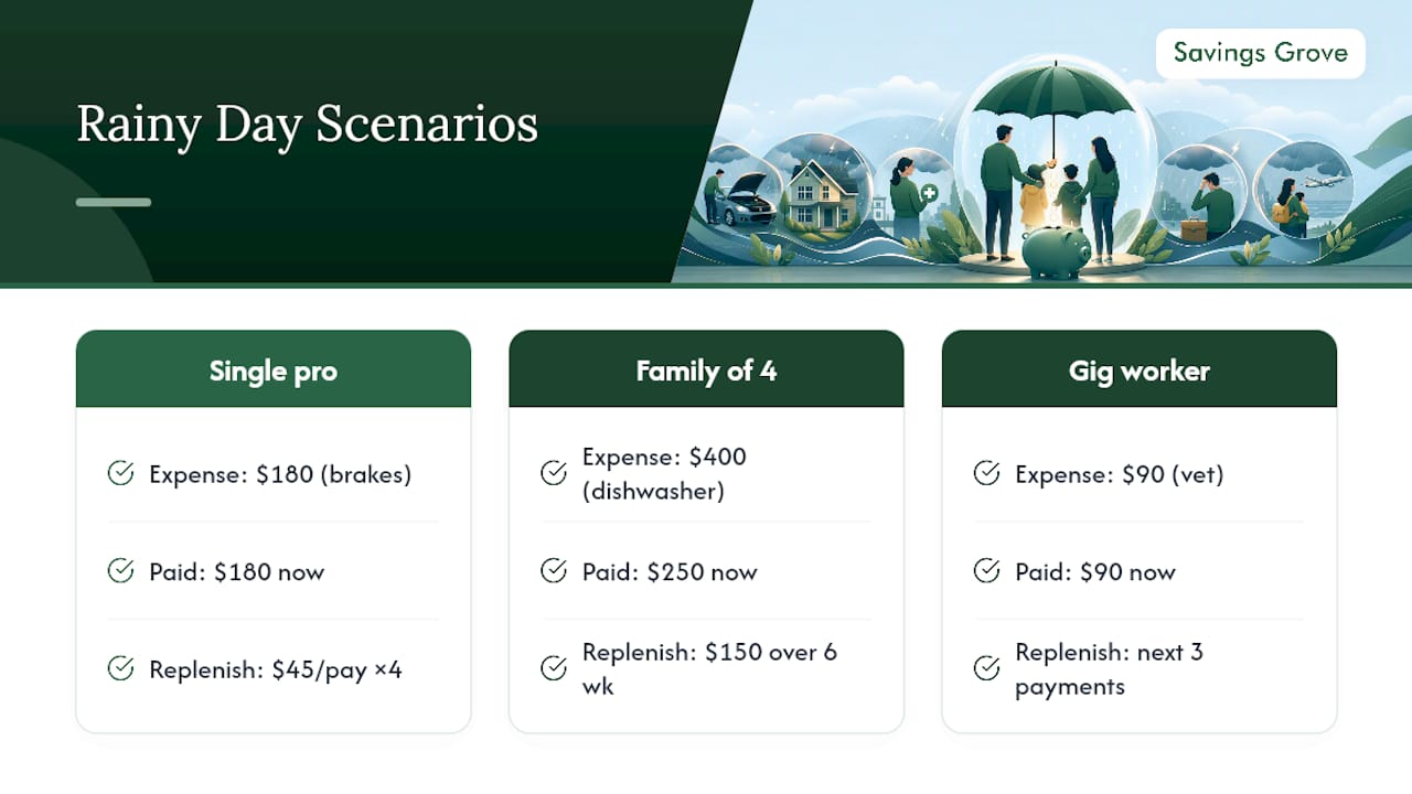 Diagram of rainy day fund scenarios and repayment plans