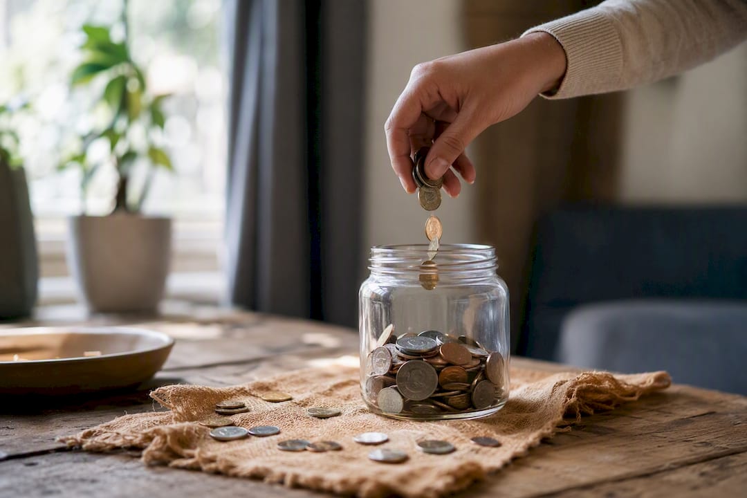 Hand pouring coins into savings jar