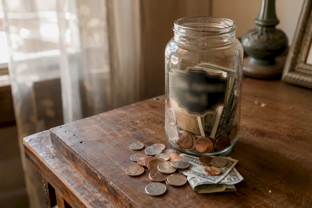 Labeled savings jar and coins on rustic table
