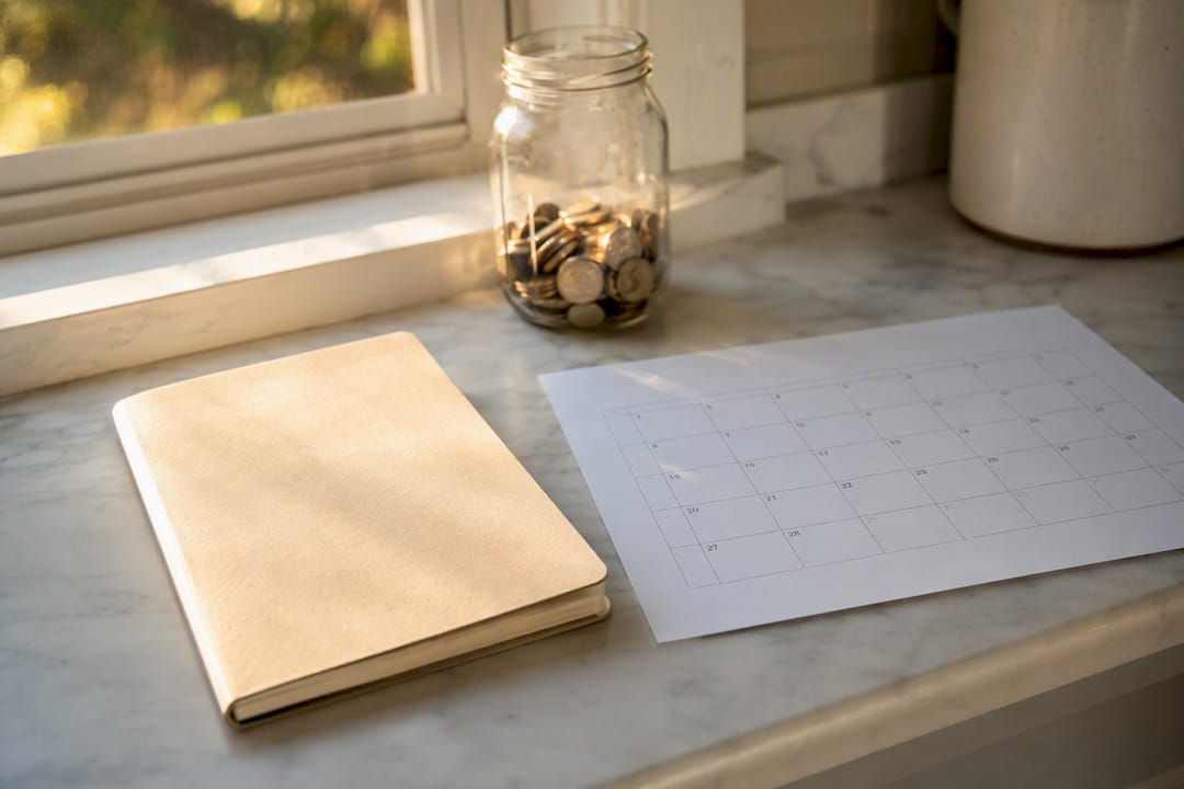 Savings jar beside notebook and calendar