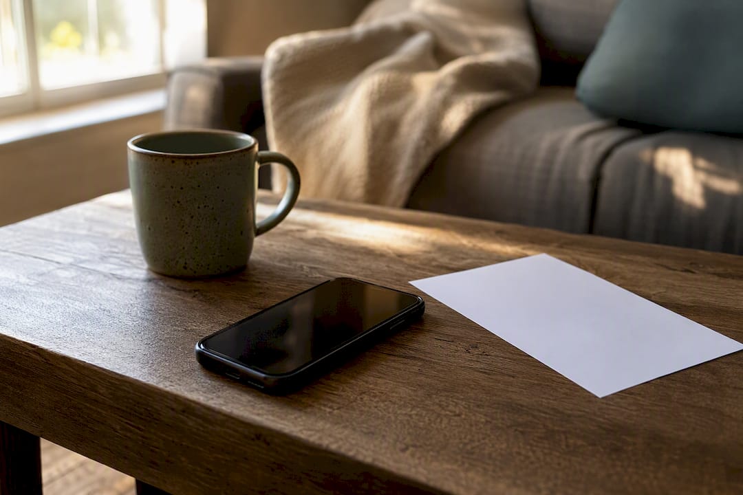 Hands dialing smartphone on office table