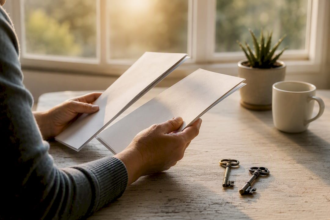 Hands comparing 15-year and 30-year mortgage documents and keys
