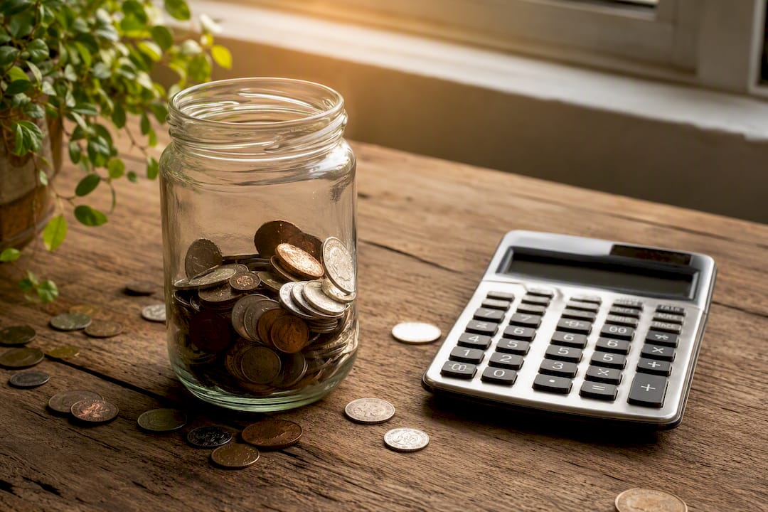 Savings jar and calculator on wooden table