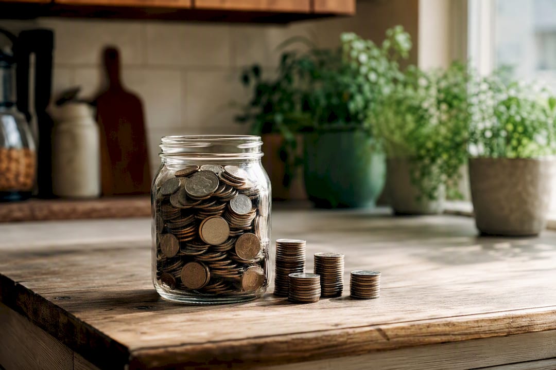 Stacked coins beside labeled savings jar on wooden table