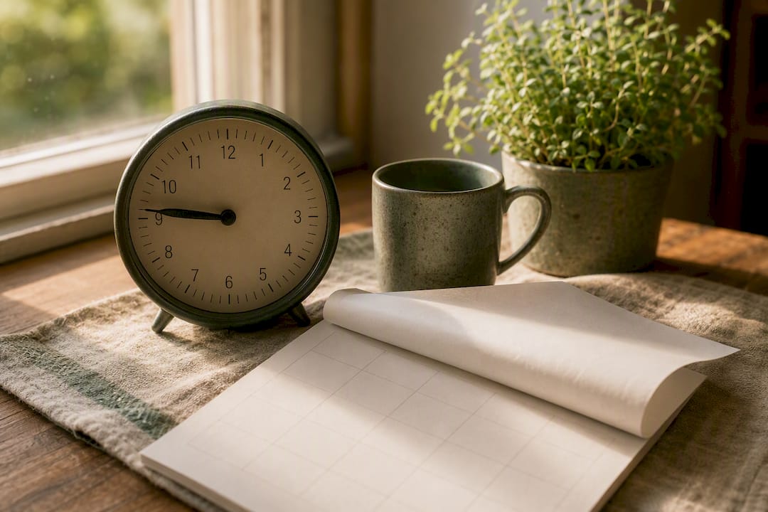 Clock and blank calendar page on table