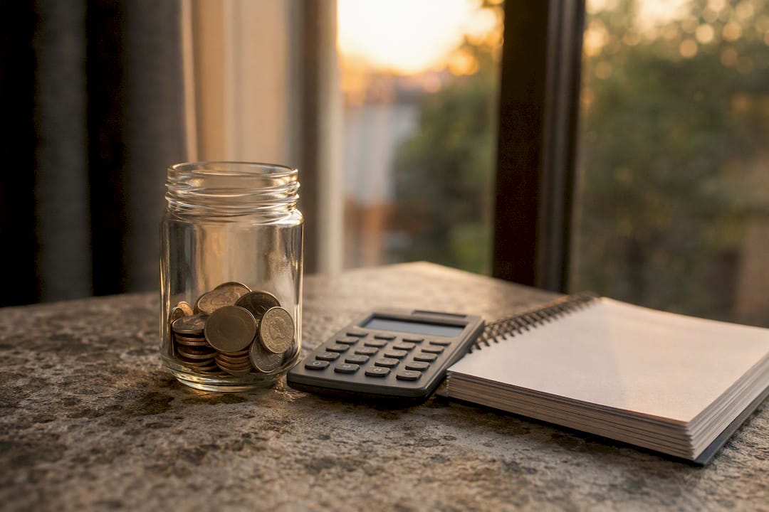 Savings jar, calculator, and notebook on table