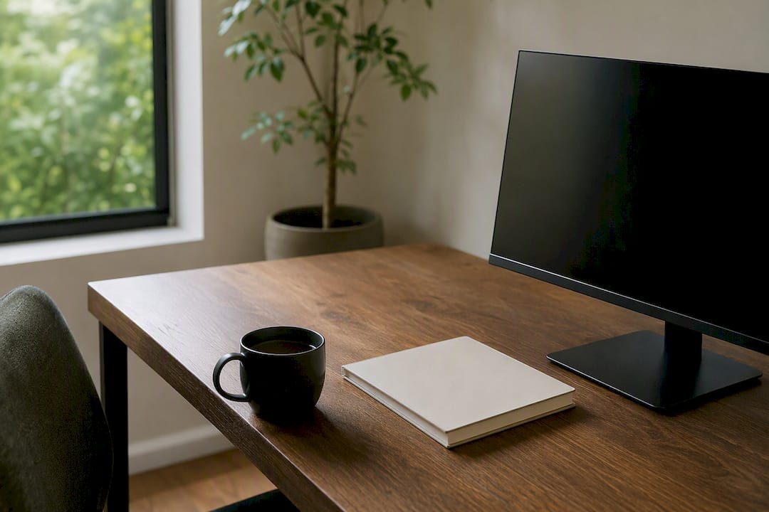 Minimalist workspace with dark screen and blank notebook