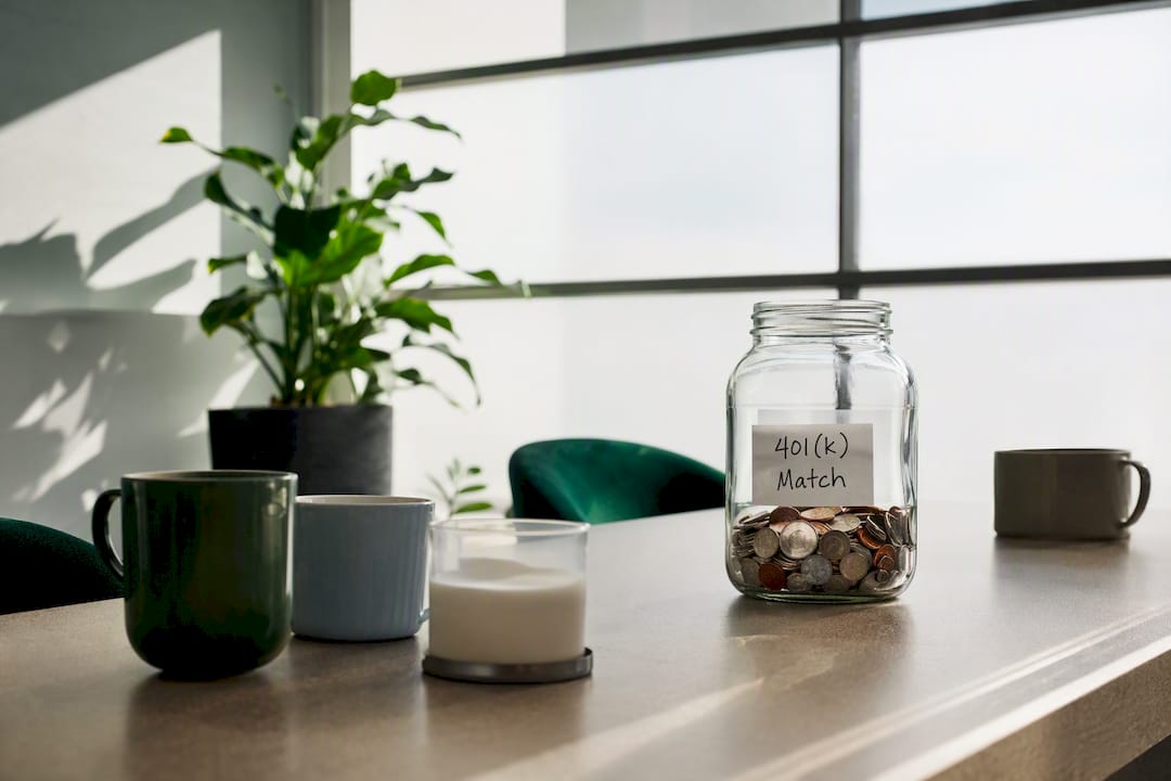 Empty break room table with savings jar and mugs