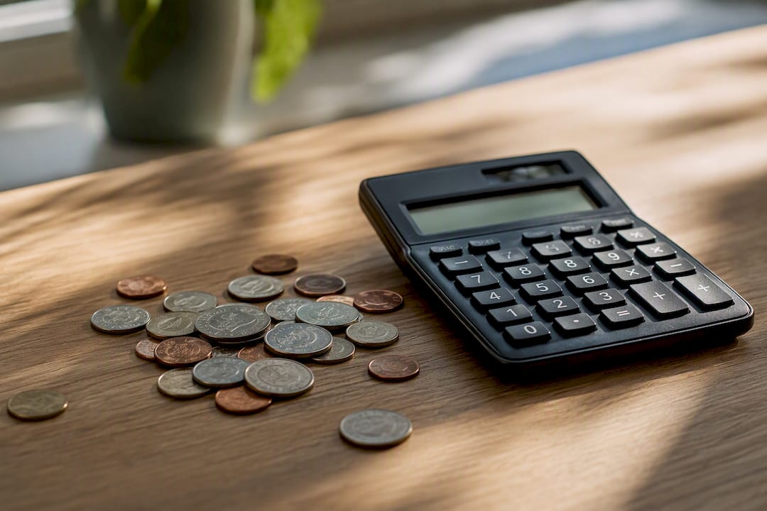 Coins next to calculator on desk