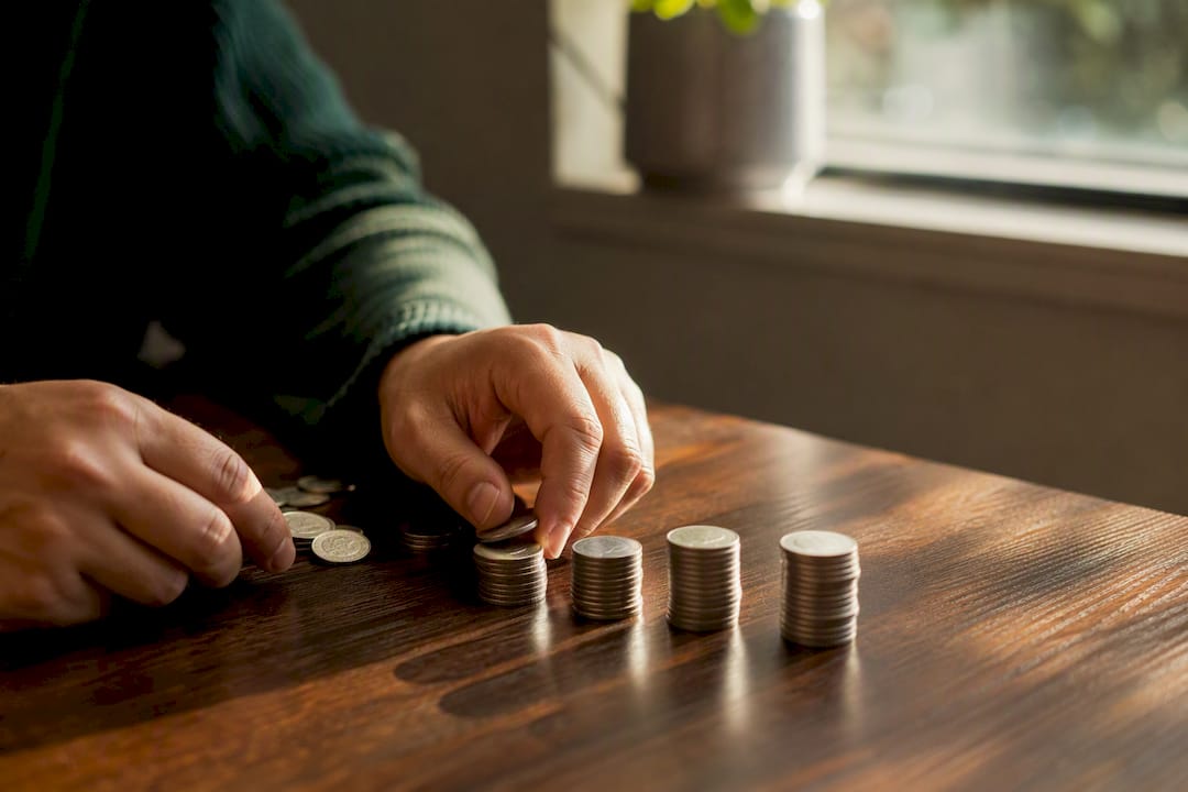 Hand rolling silver coins into stacks on granite