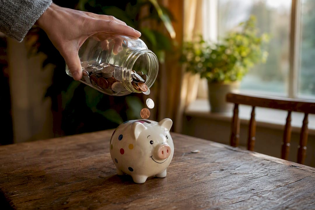 Coins pouring from jar into piggy bank