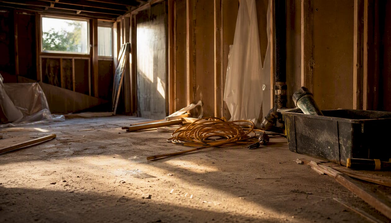 Idle construction equipment and supplies on dusty floor