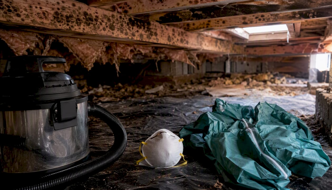 Crawl space with mold spots and PPE equipment