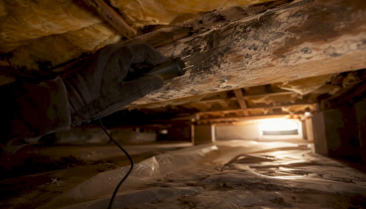 Hand holding moisture meter on moldy crawl space wood