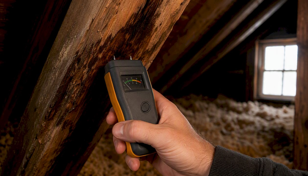 Moisture meter checking damp wood