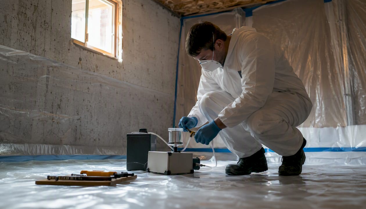 Technician sampling mold air in basement