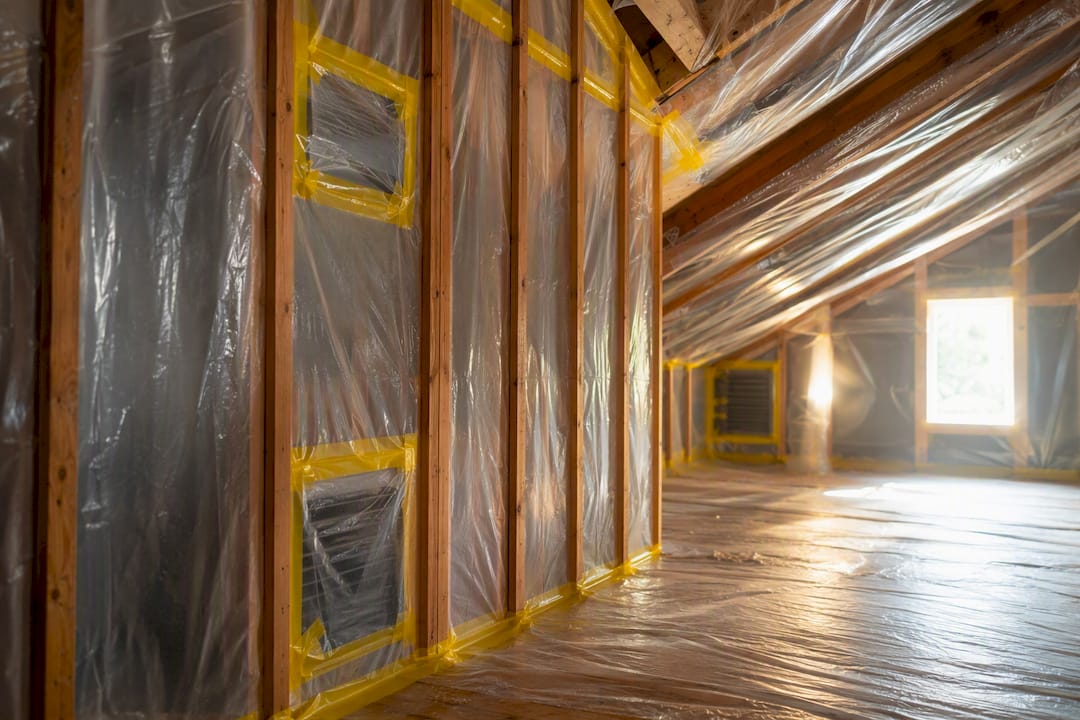 Sealed plastic containment in attic mold remediation