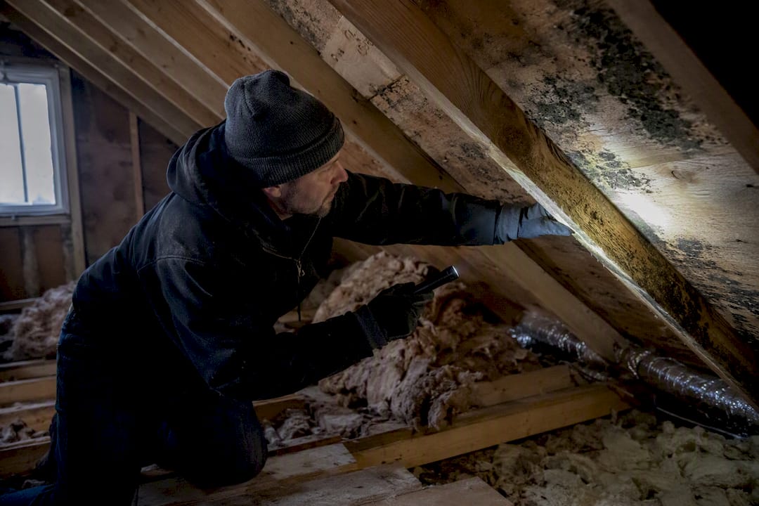 Person inspecting attic mold on wooden joists