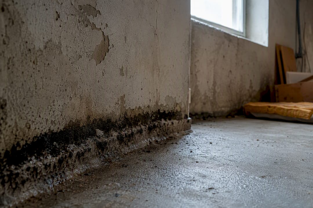 Mold growth on basement corner wall
