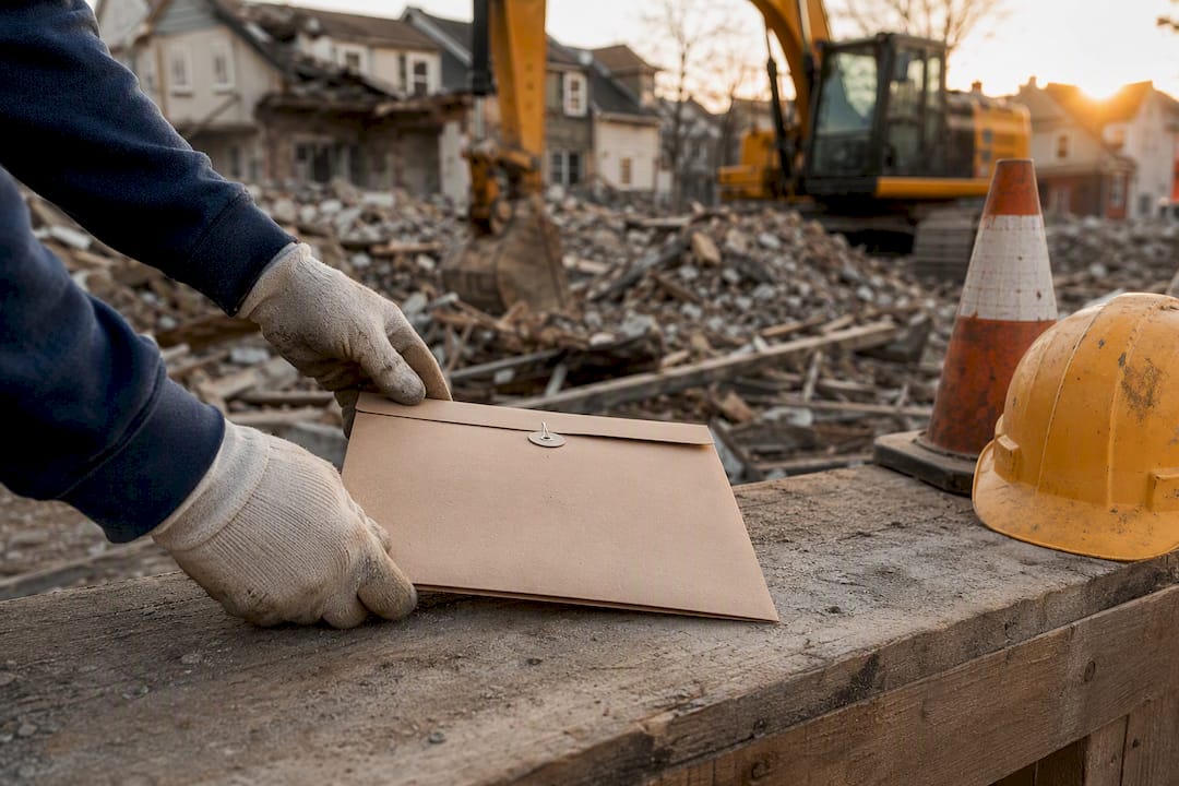 Contractor placing demolition permit folder on site barricade