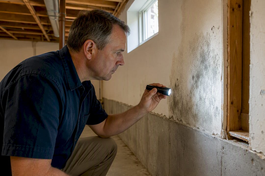 Inspector pointing at mold on basement wall