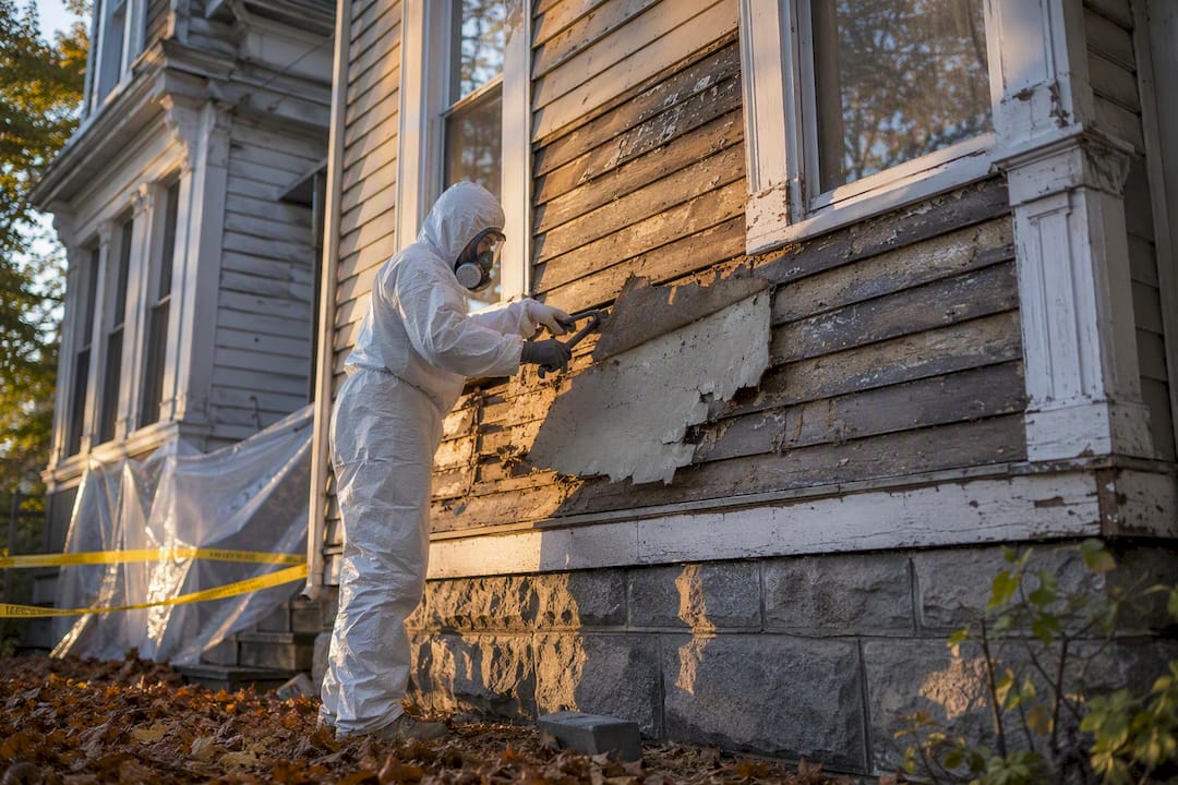 Contractor removing asbestos siding safely