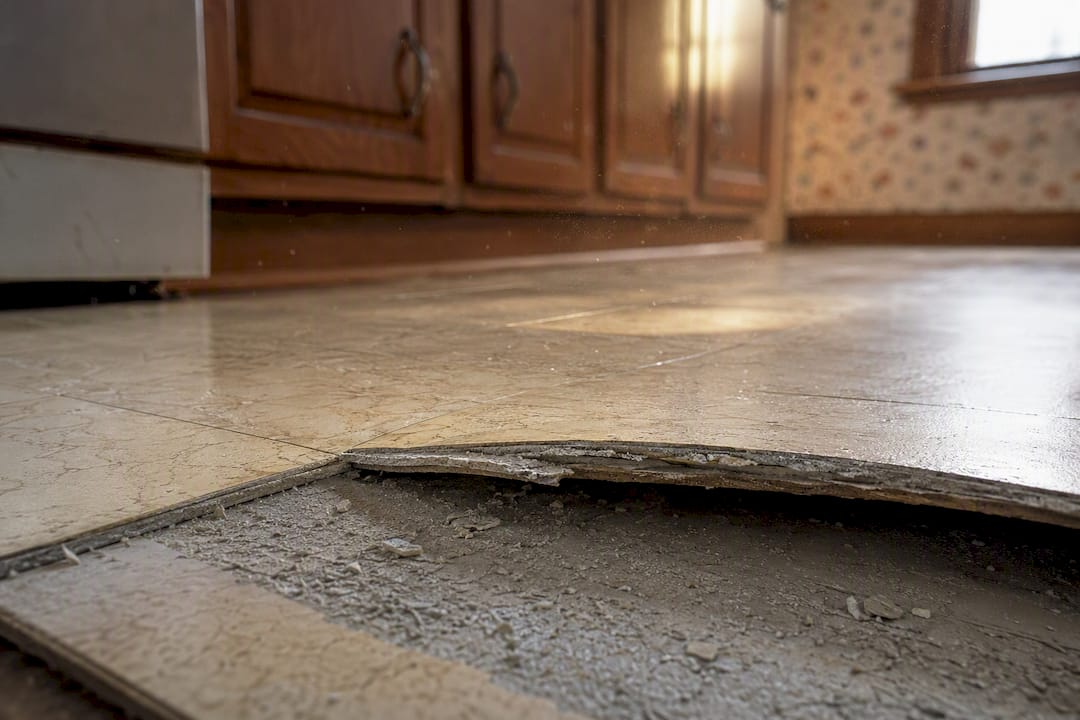 Close-up of layered asbestos floor tiles with damaged adhesive