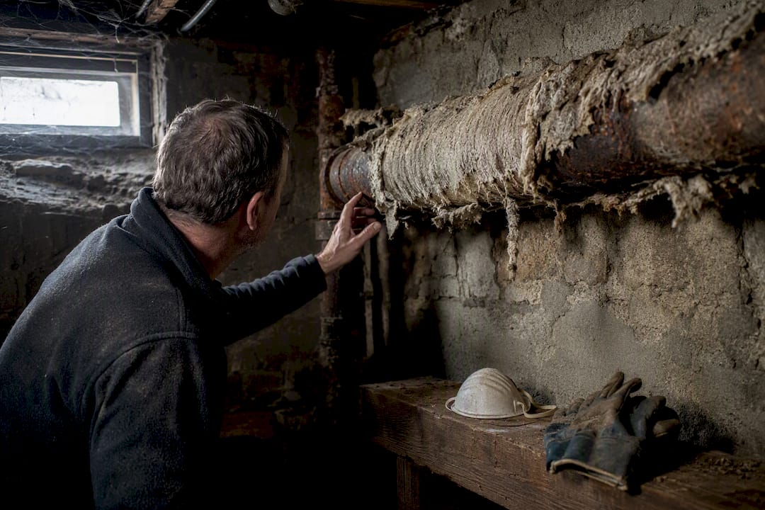 Asbestos pipe insulation in basement close-up
