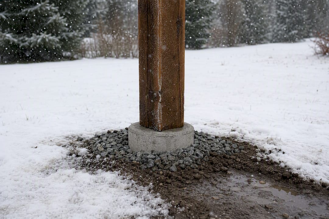 Winter view of wood fence post concrete footing
