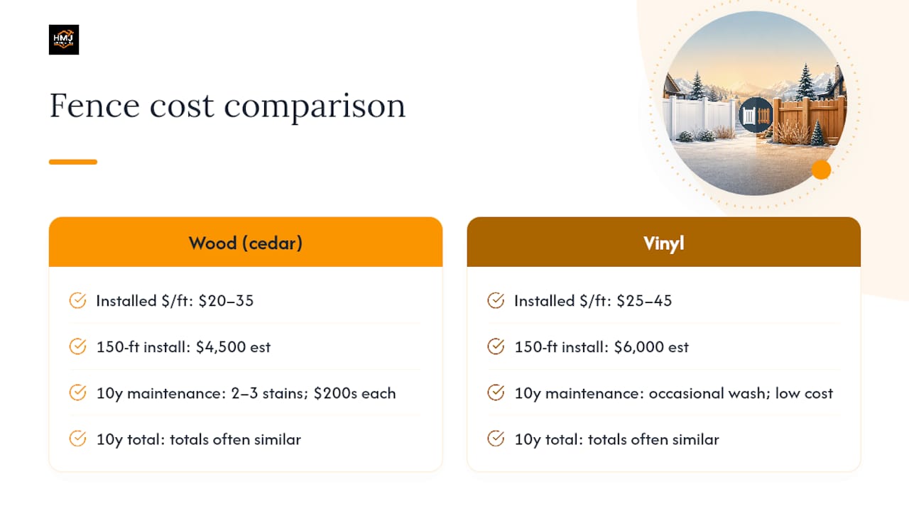 Cost comparison chart for wood and vinyl fences over time