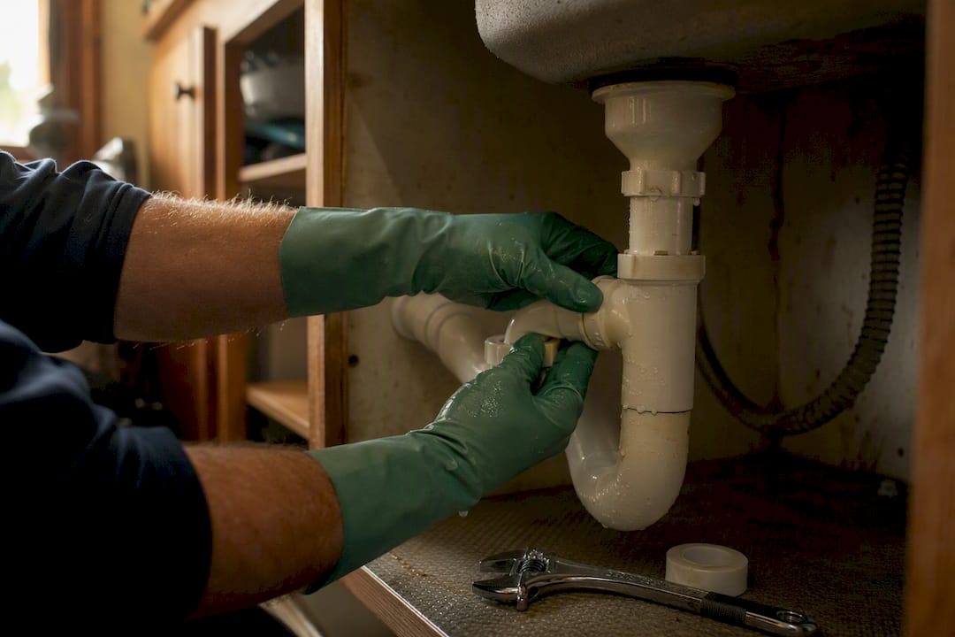 Hands fixing plumbing pipe leak under sink