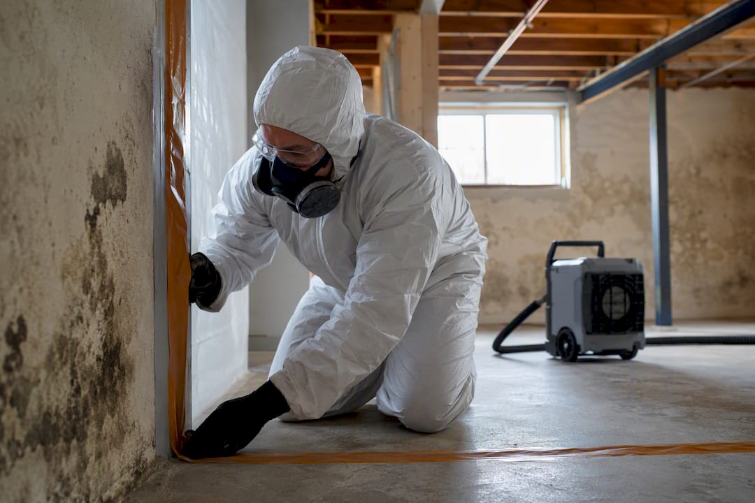 Technician sealing containment tape in basement