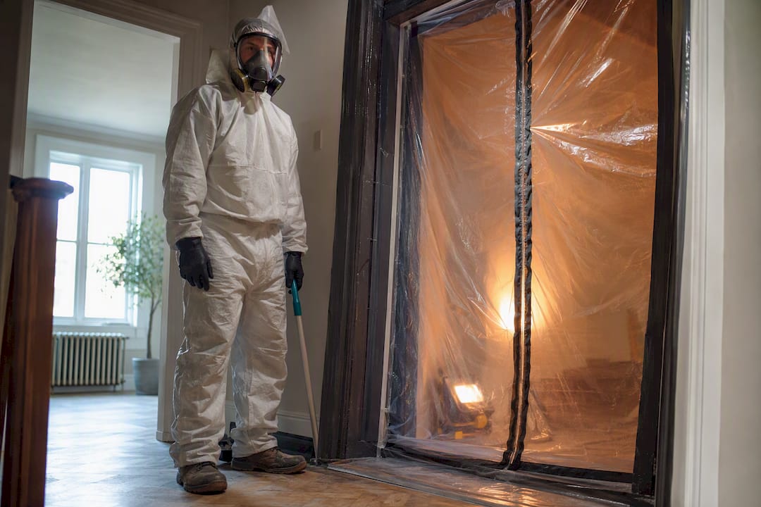 Worker beside sealed asbestos containment doorway