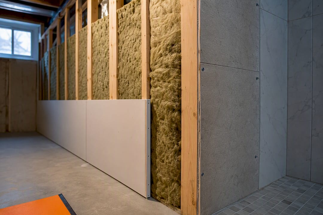 Moisture resistant materials in an open basement wall