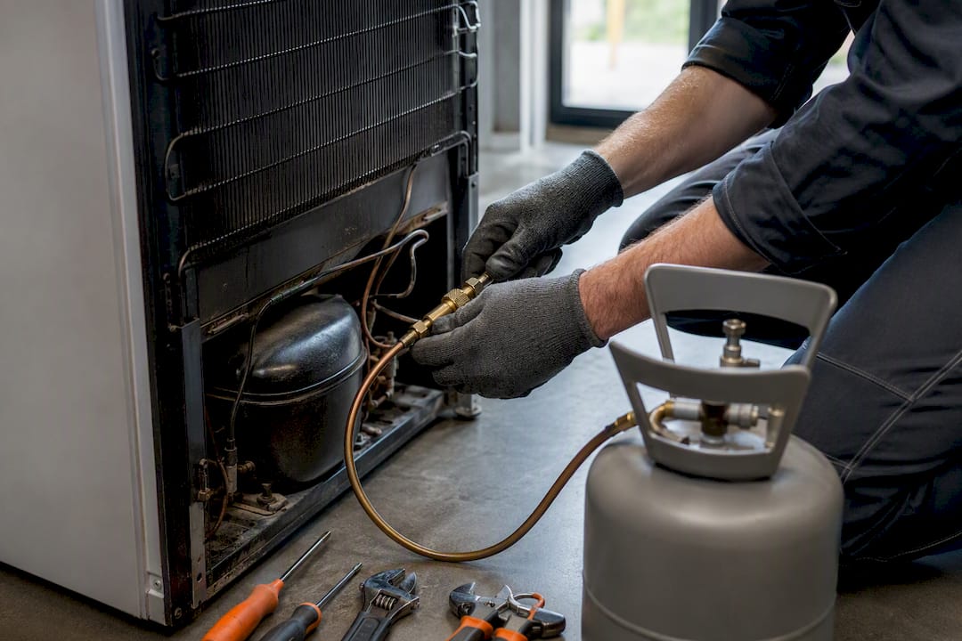 Technician preparing refrigerator refrigerant recovery