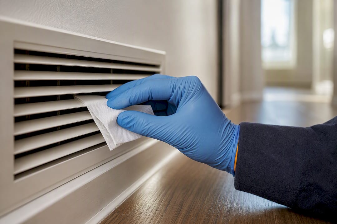 Inspector collecting dust from HVAC register