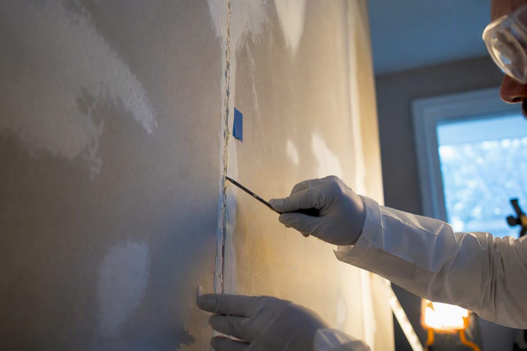 Professional inspecting drywall joint compound