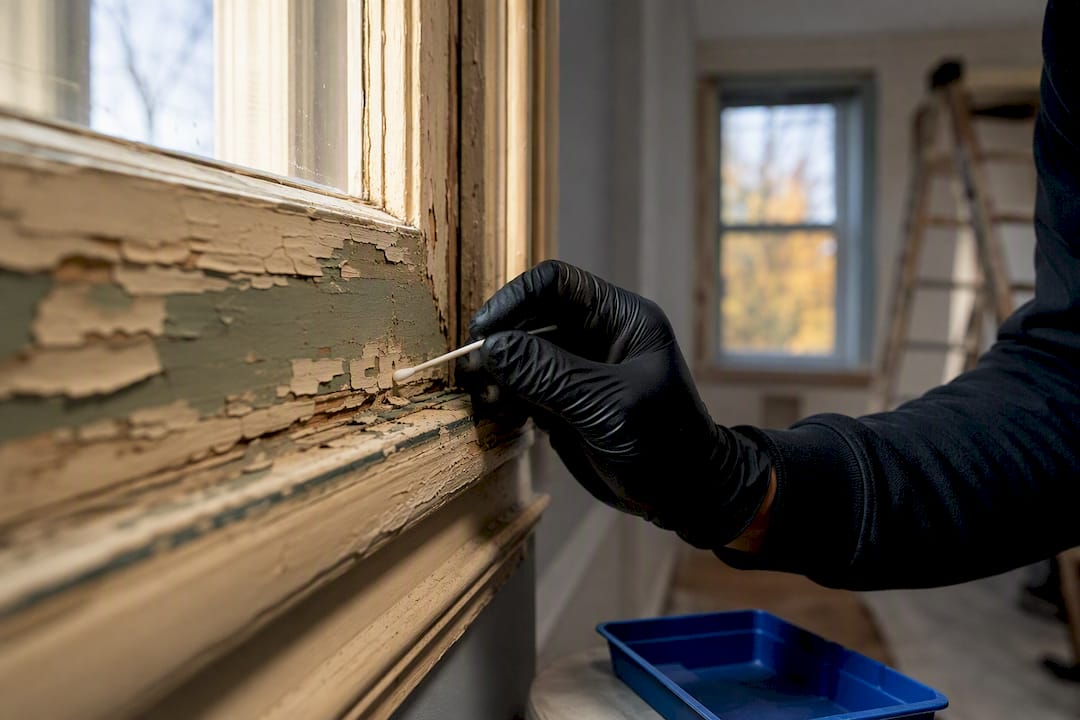 Technician testing peeling paint on old trim