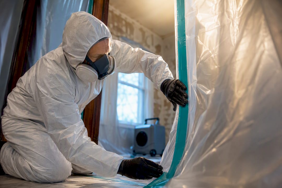 Worker sealing residential asbestos containment enclosure