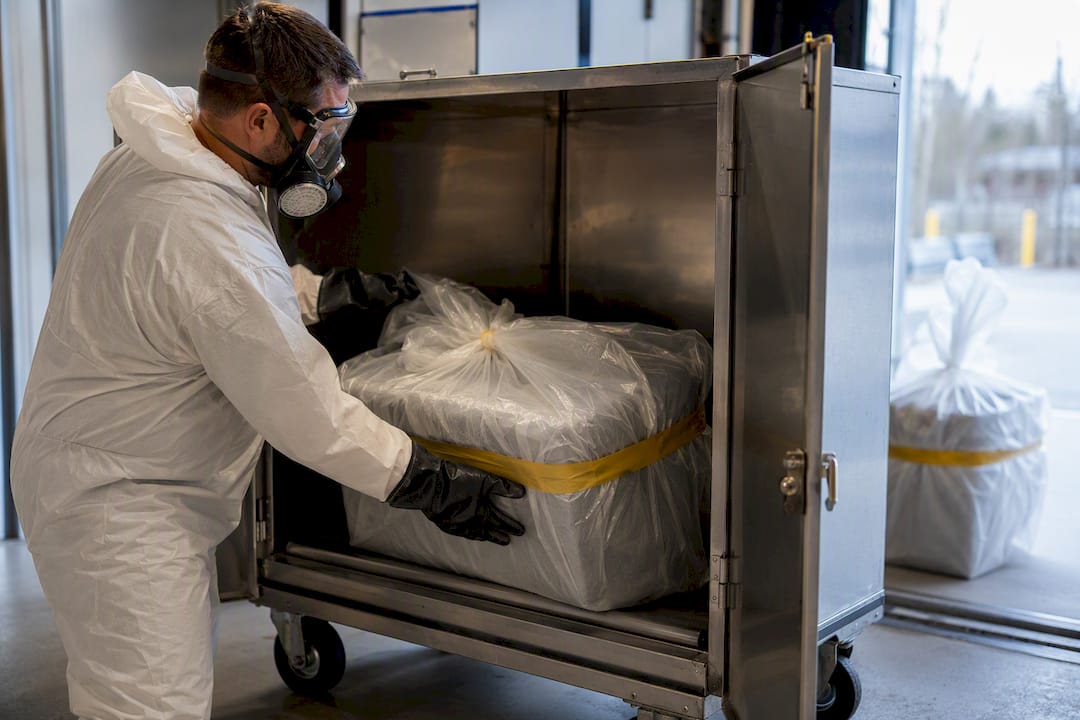 Sealed asbestos waste prepared for transport