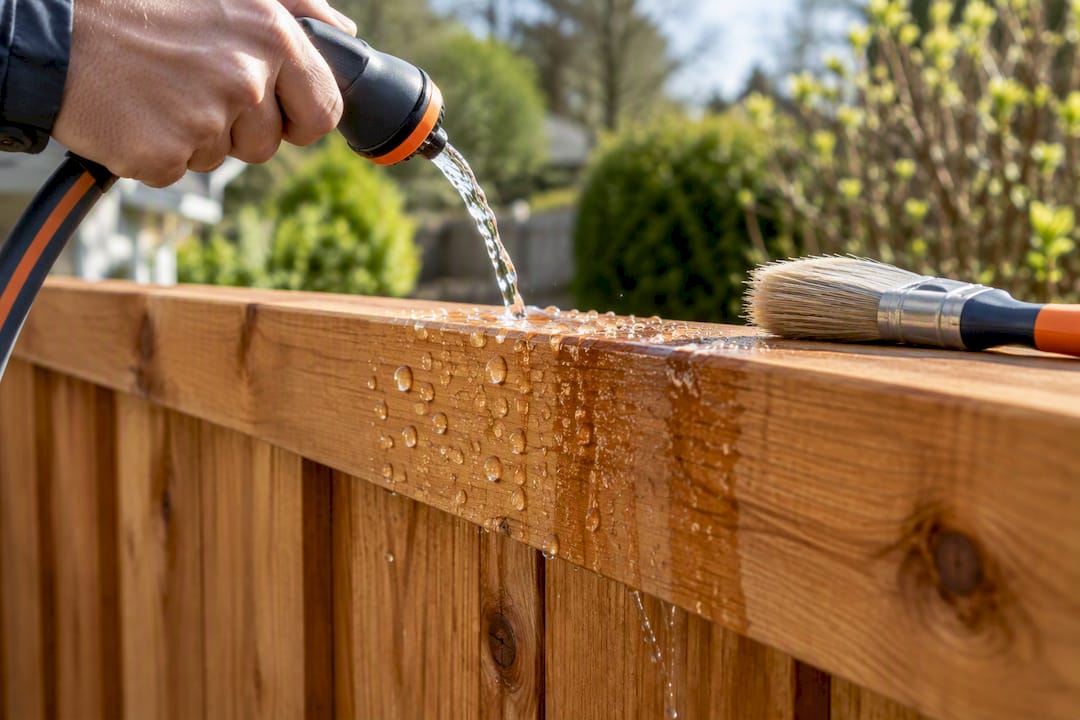 Water bead test on cedar fence