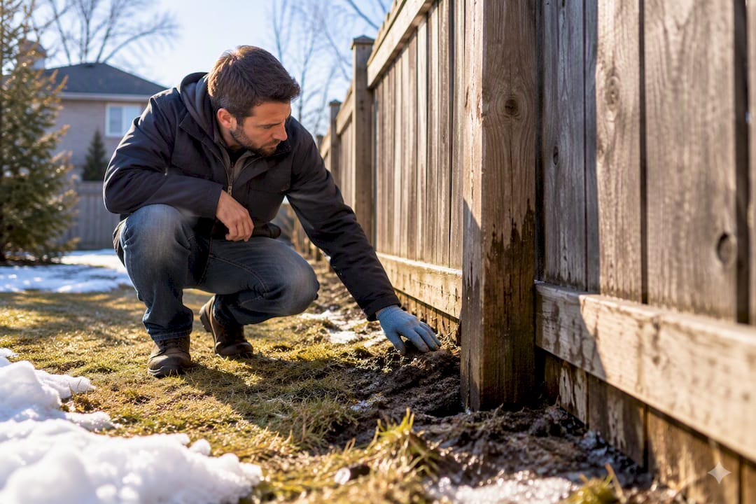 Homeowner inspecting fence after spring thaw