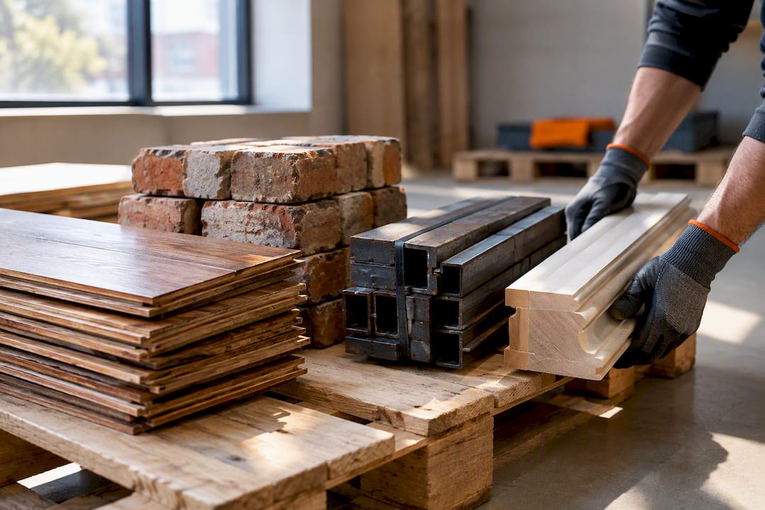 Salvaged hardwood brick steel and millwork