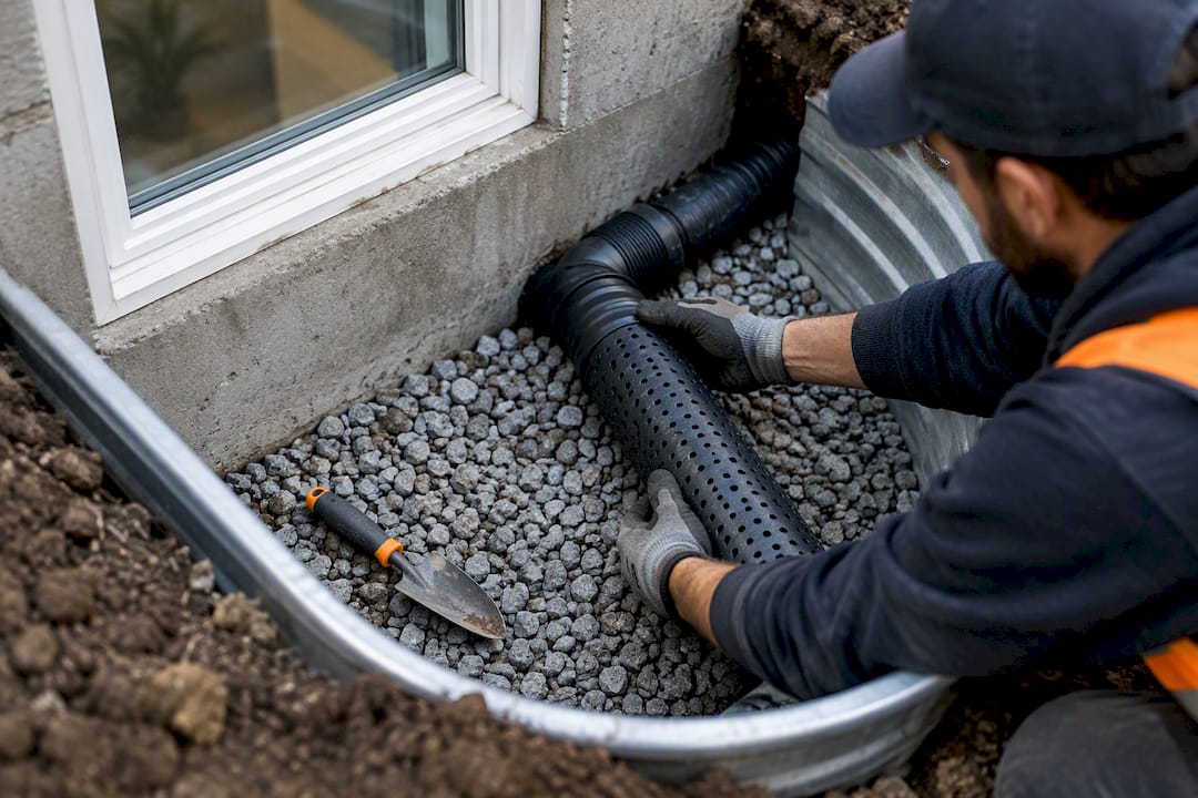 Drain tile connection beneath basement window well