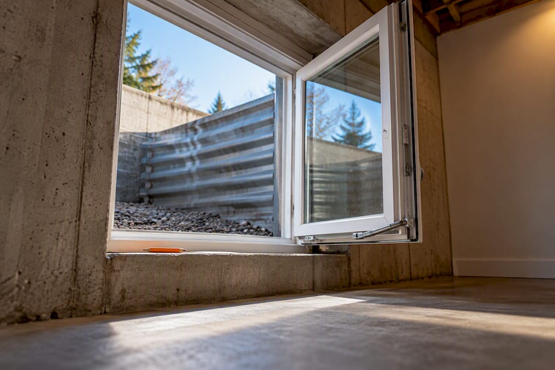 Open basement egress window in foundation