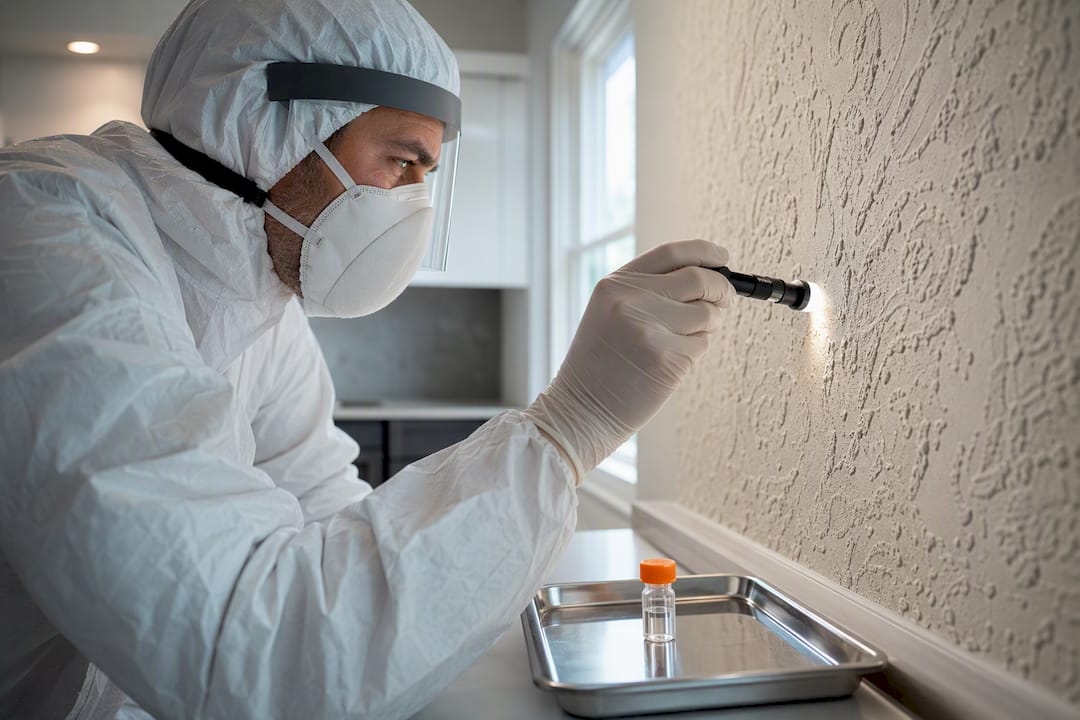 Professional assessing suspect building material