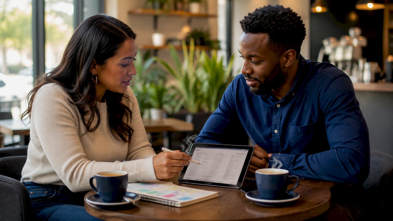 Two colleagues discussing payroll integration benefits