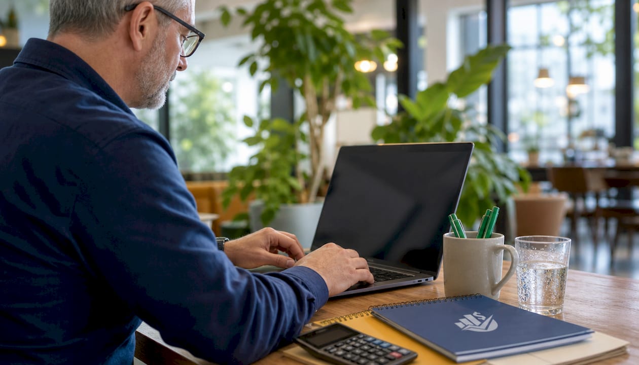 Hands configuring payroll software on laptop