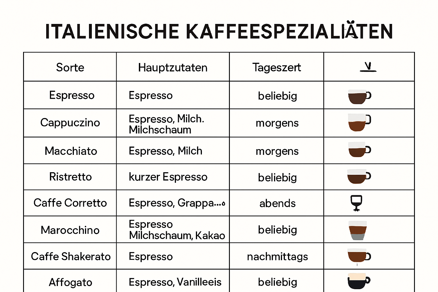 Infografik mit wichtigsten italienischen Kaffeespezialitäten und Zutaten