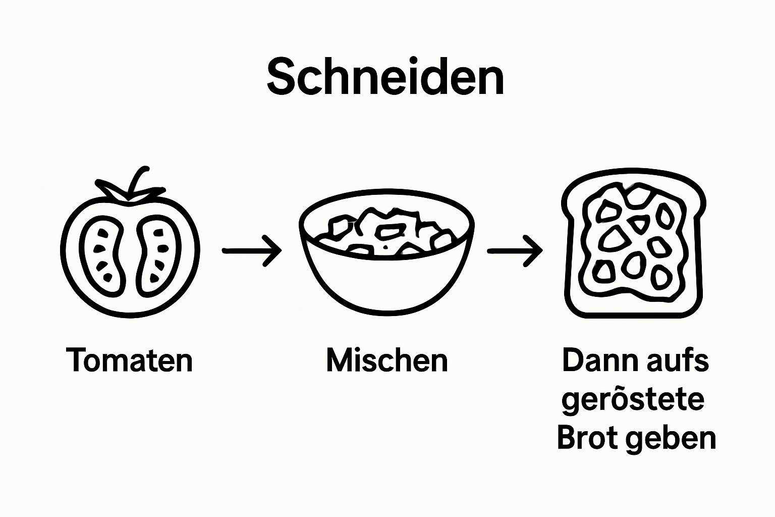 Infografik zeigt Tomaten schneiden, mischen und auf Brot geben